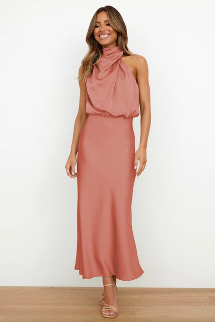 Dusty rose halter draped midi dress with bloused top and curved hem