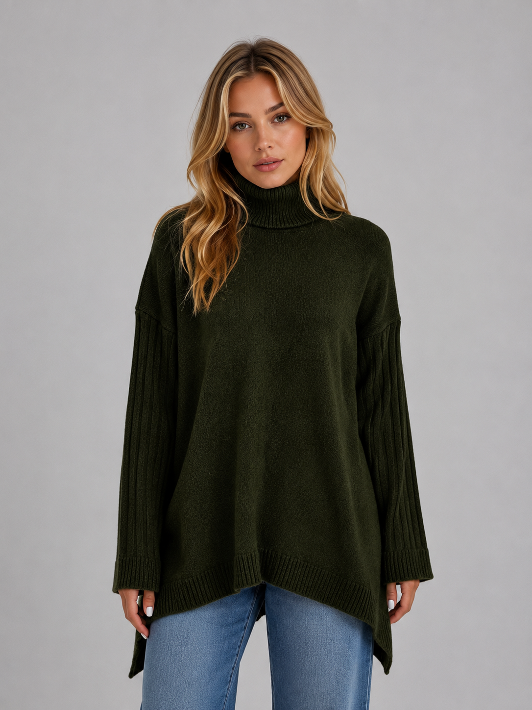 Ansley Roll Neck Oversized Longline Sweater - Green