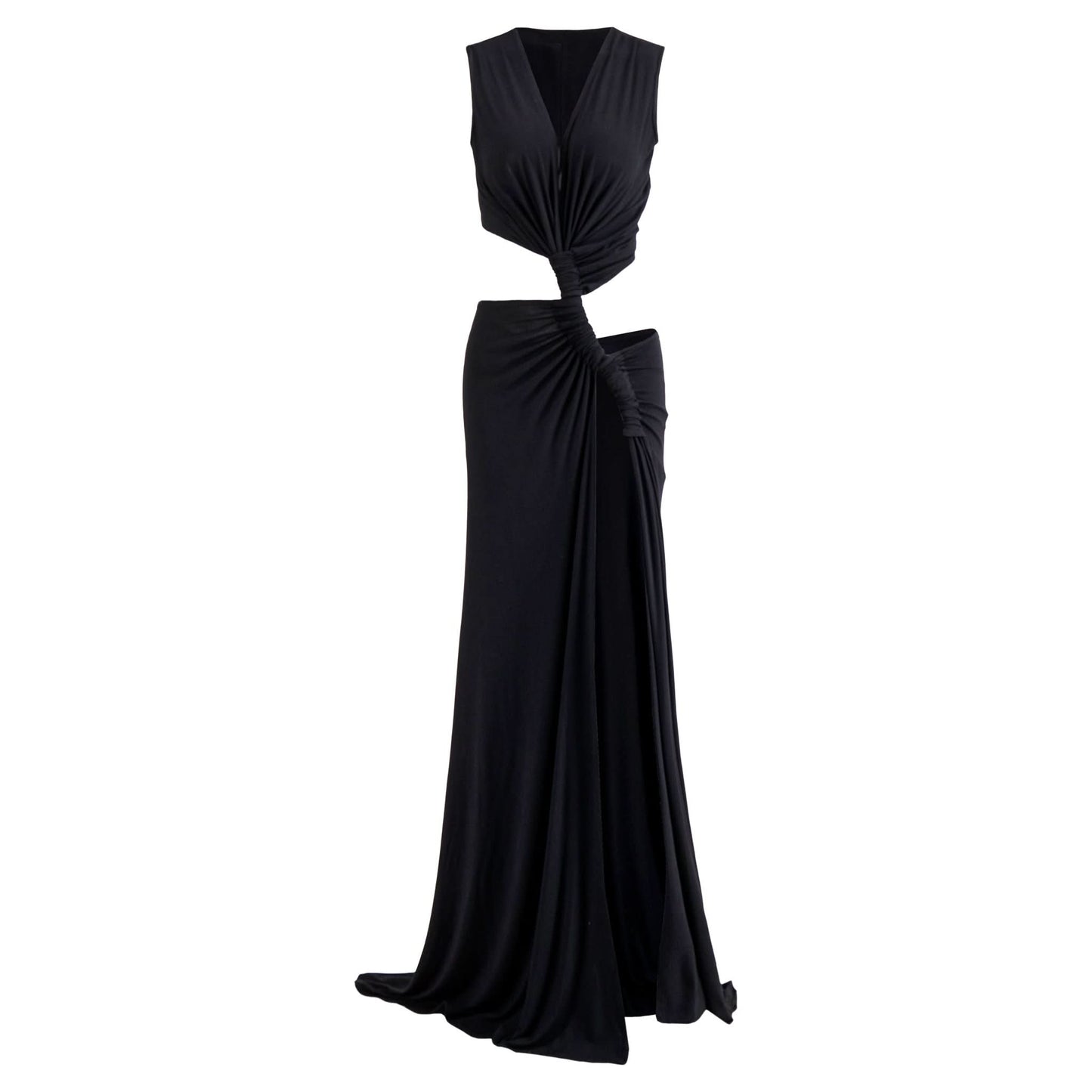 Black cutout maxi dress front view with deep v-neck and twisted waist opening