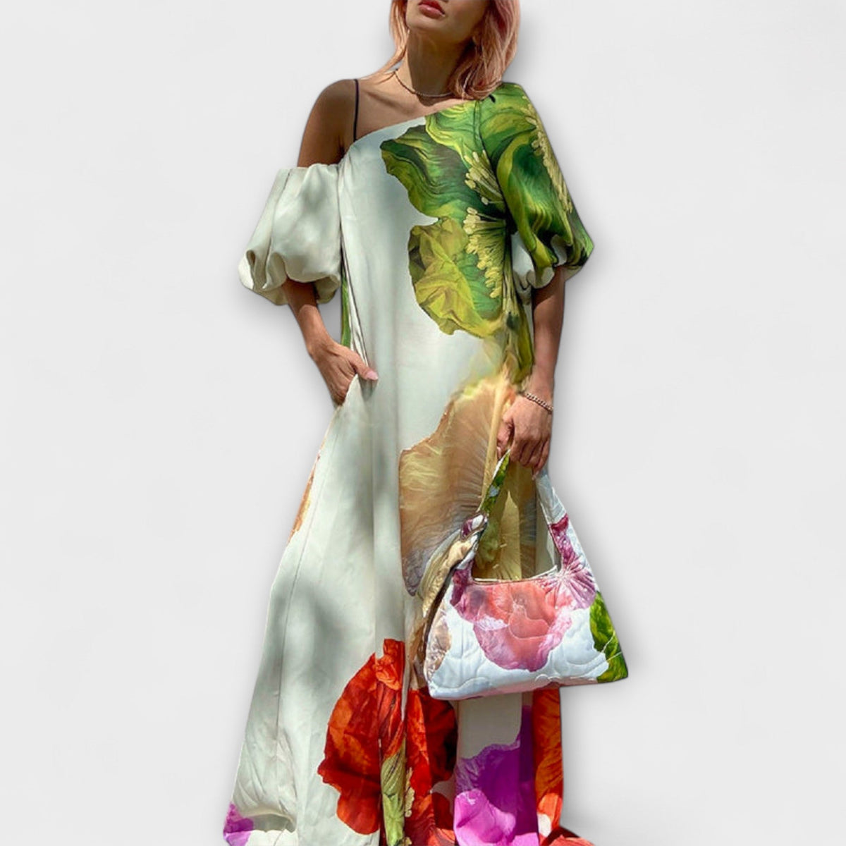 Arista Puff Sleeve One Shoulder Maxi Dress - Ivory and Green Floral