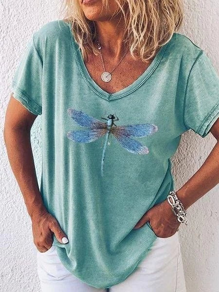 Bria Dragonfly Graphic V-Neck T-Shirt - Teal