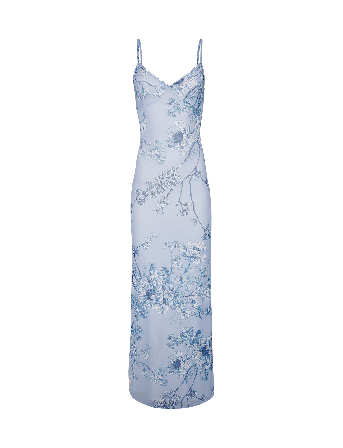 Full-length blue botanical maxi dress with delicate floral print detail