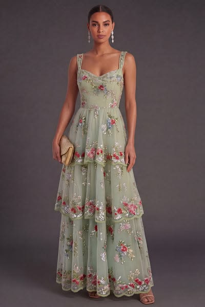 Camryn Sequin Floral Gown - Sage Floral