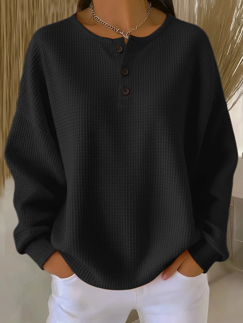 Dvora Waffle Texture Button Neck Sweater - Black