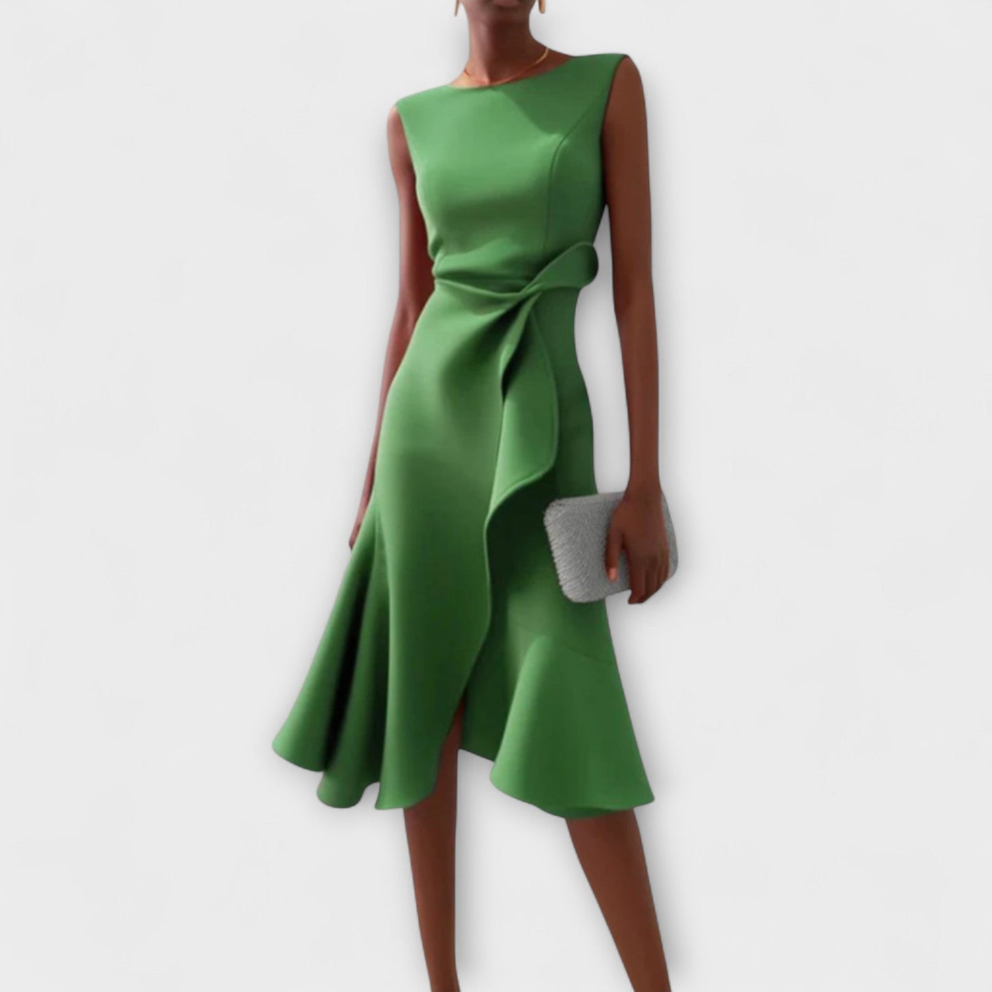 Green draped midi dress with side drape and midi length hem