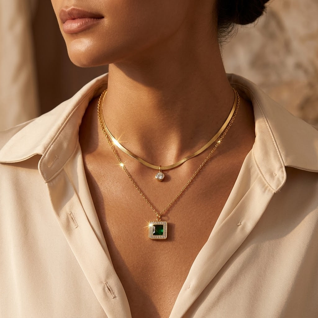 Emberlynn Layered Green Stone Necklace - Gold