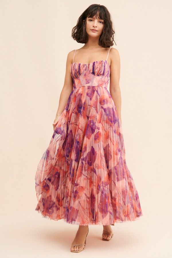 Evanna Floral Tulle Maxi Dress - Pink and Purple Floral