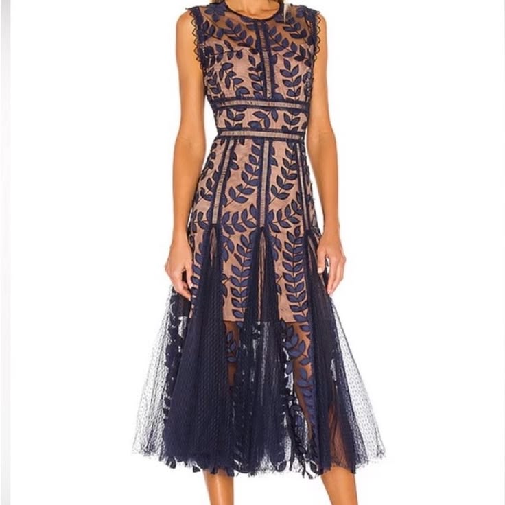Fenna Embroidered Mesh Midi Dress - Navy & Cream