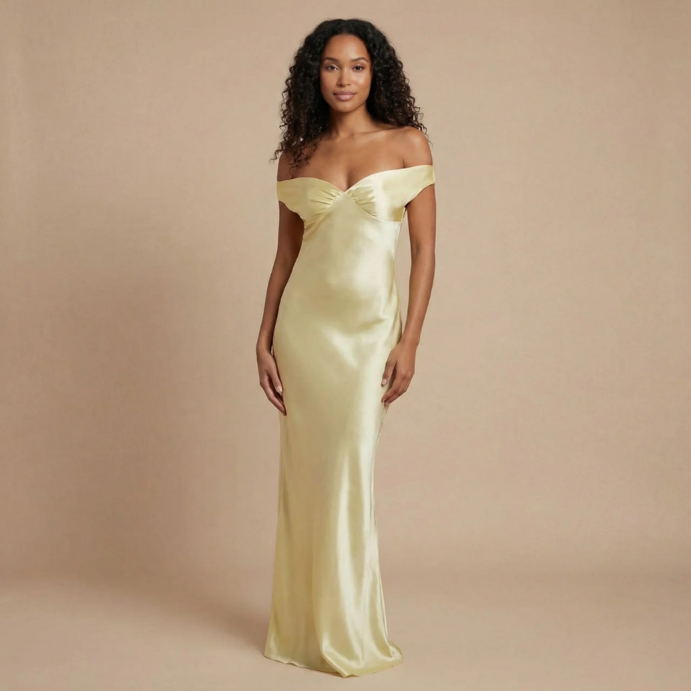 Women's Satin Ruched Off-Shoulder Maxi Dress – Amari The Label Women's Satin Ruched Off-Shoulder Maxi Dress – Amari The Label