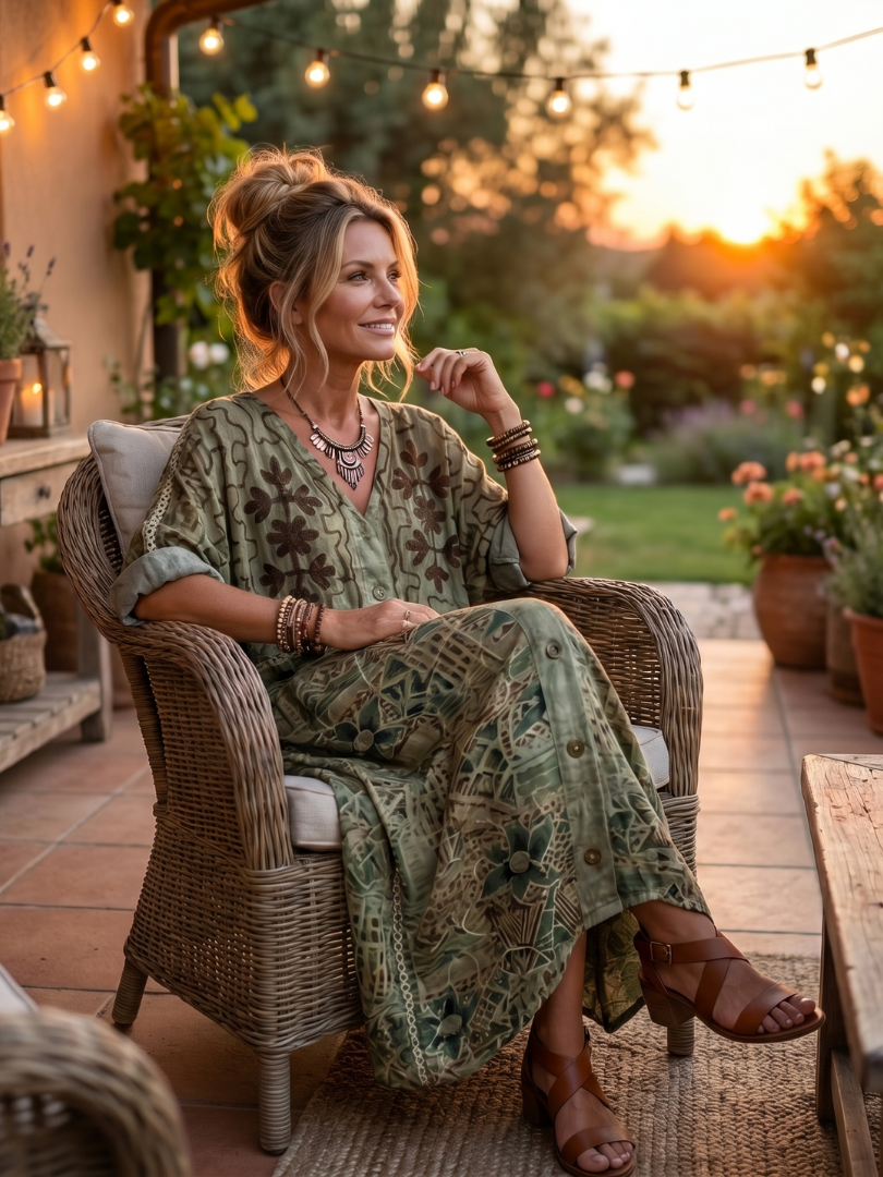 Hedy Embroidered Button-Front Maxi Dress - Olive Green Floral