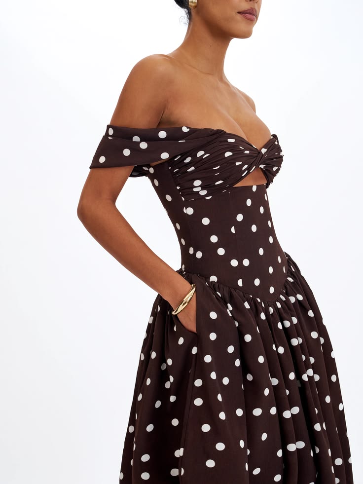 Hildy Polka Dot Off Shoulder Midi Dress - Chocolate Polka Dot