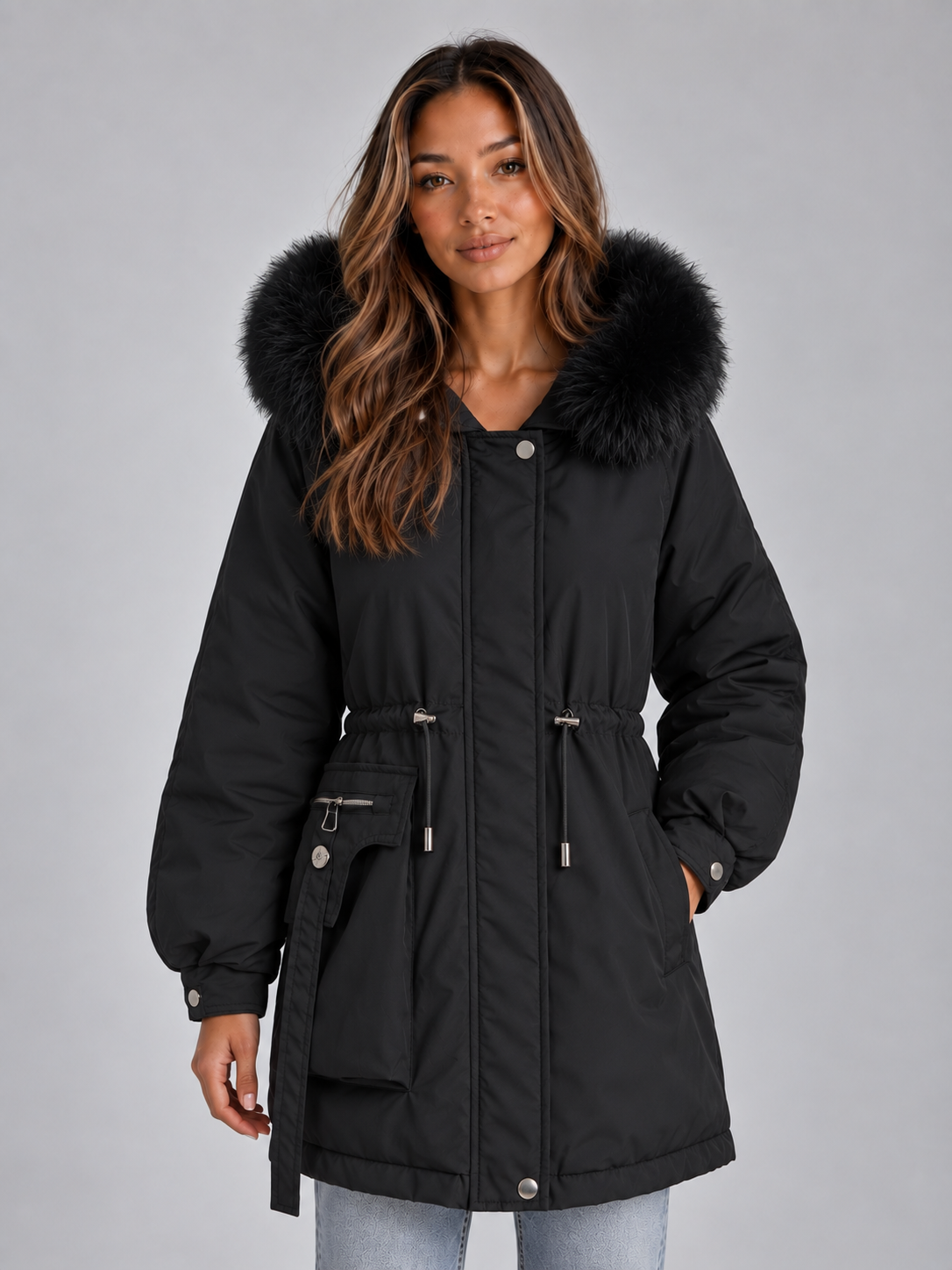 Ida Faux Fur Collar Drawstring Parka - Black