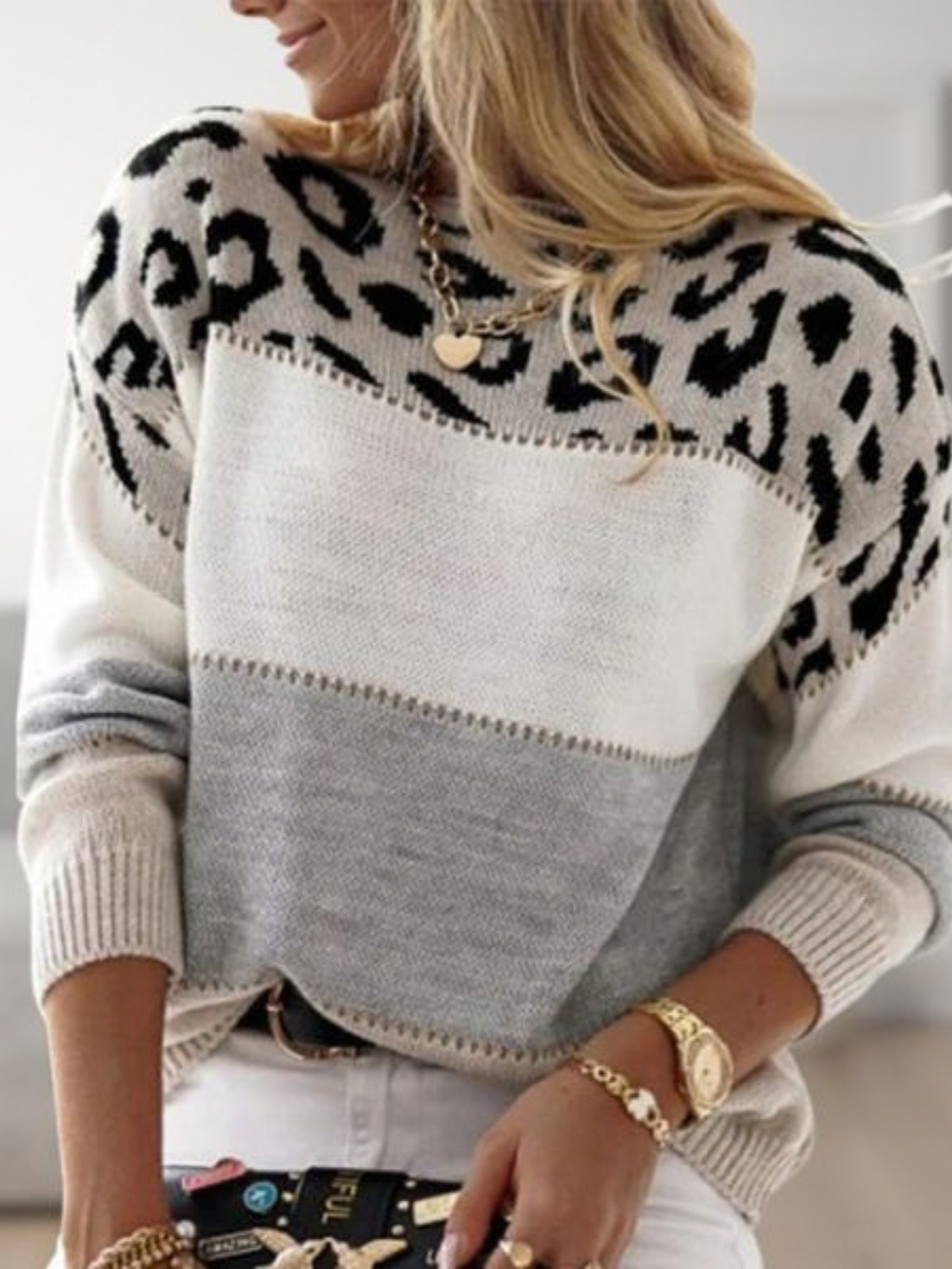 Jazlyn Leopard Colorblock Sweater - Gray