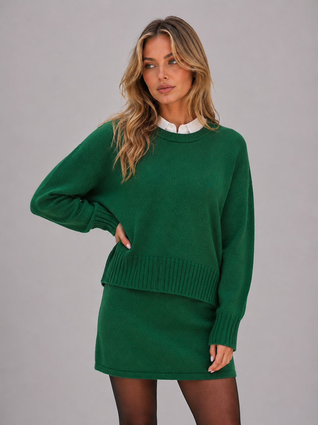 Lorna Two-Piece Knit Sweater Skirt Set - Green