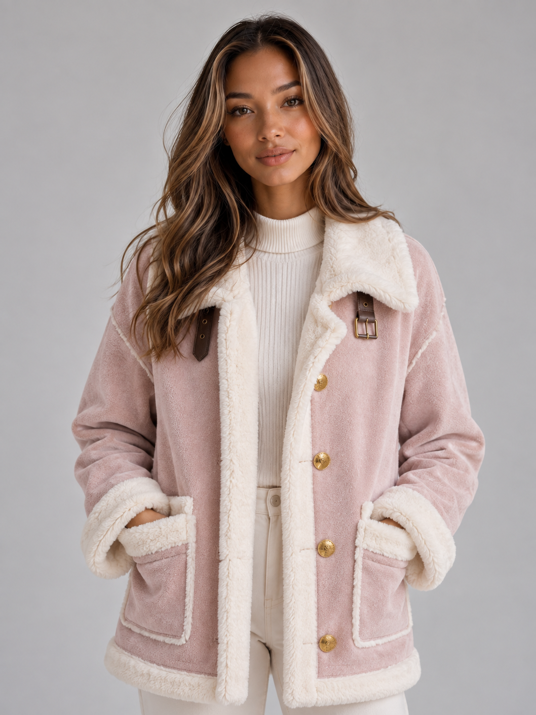 Loveday Button Front Faux Shearling Jacket - Dusty Pink