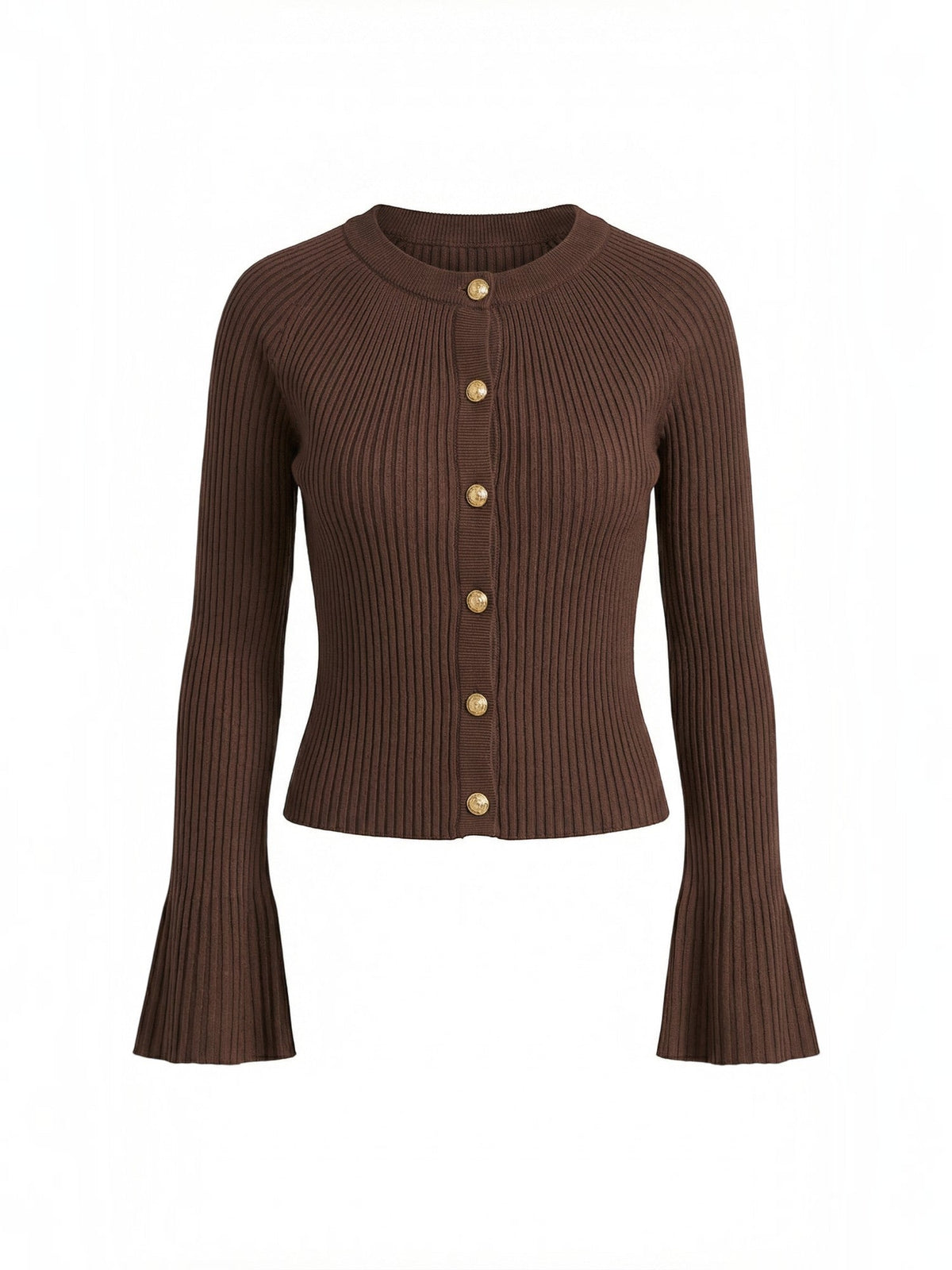 Melaine Ribbed Gold Button Cardigan - Chocolate Brown