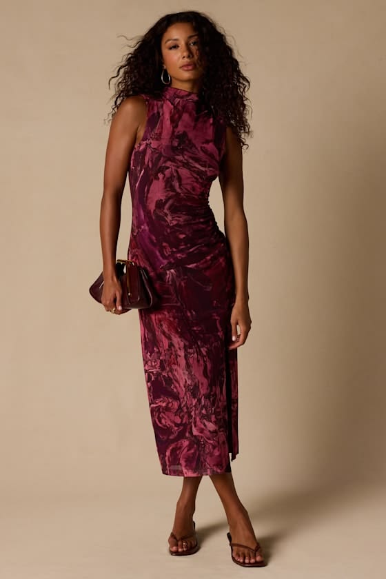 Neoma Mock Neck Midi Dress - Mauve Abstract Print