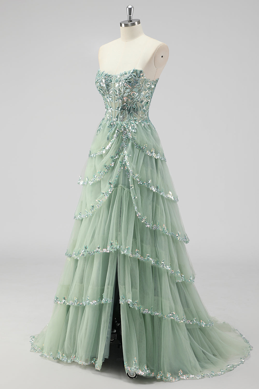 Nerys Sequin Tiered Gown - Sage Green
