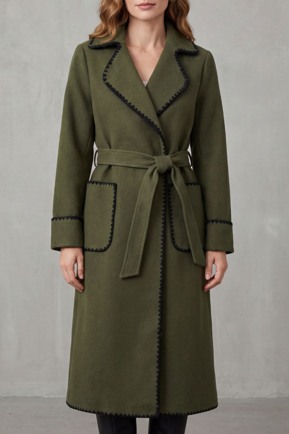 Olivia Contrast Trim Belted Longline Wrap Coat