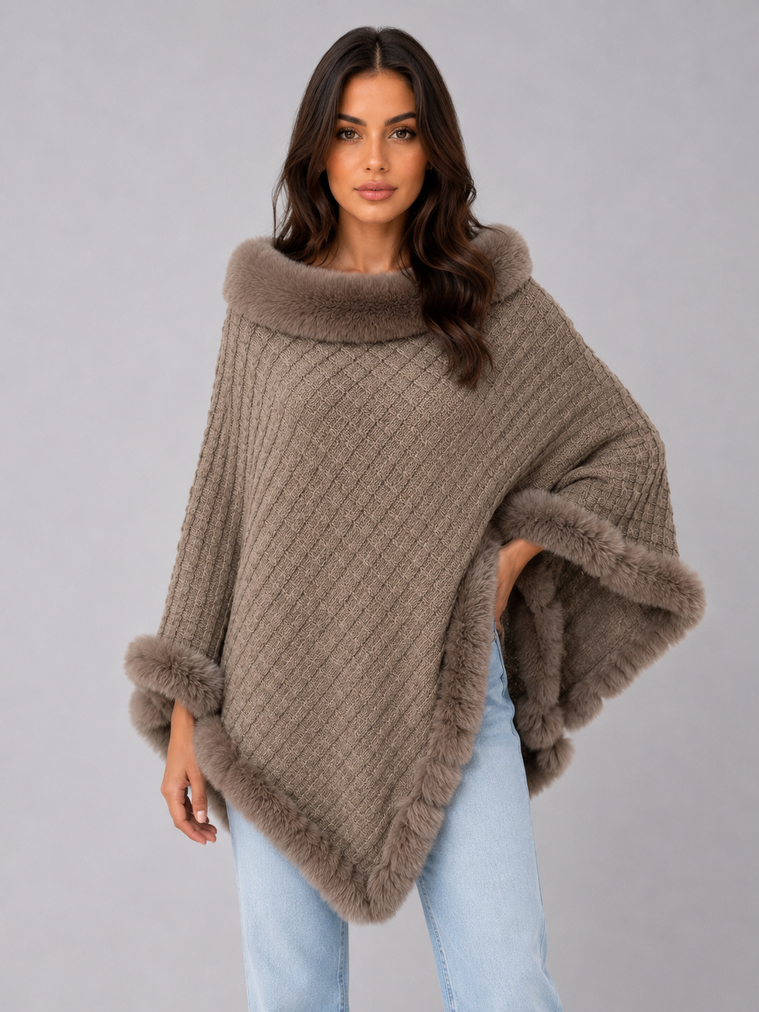 Ottavia Faux Fur Trim Knit Poncho - Khaki
