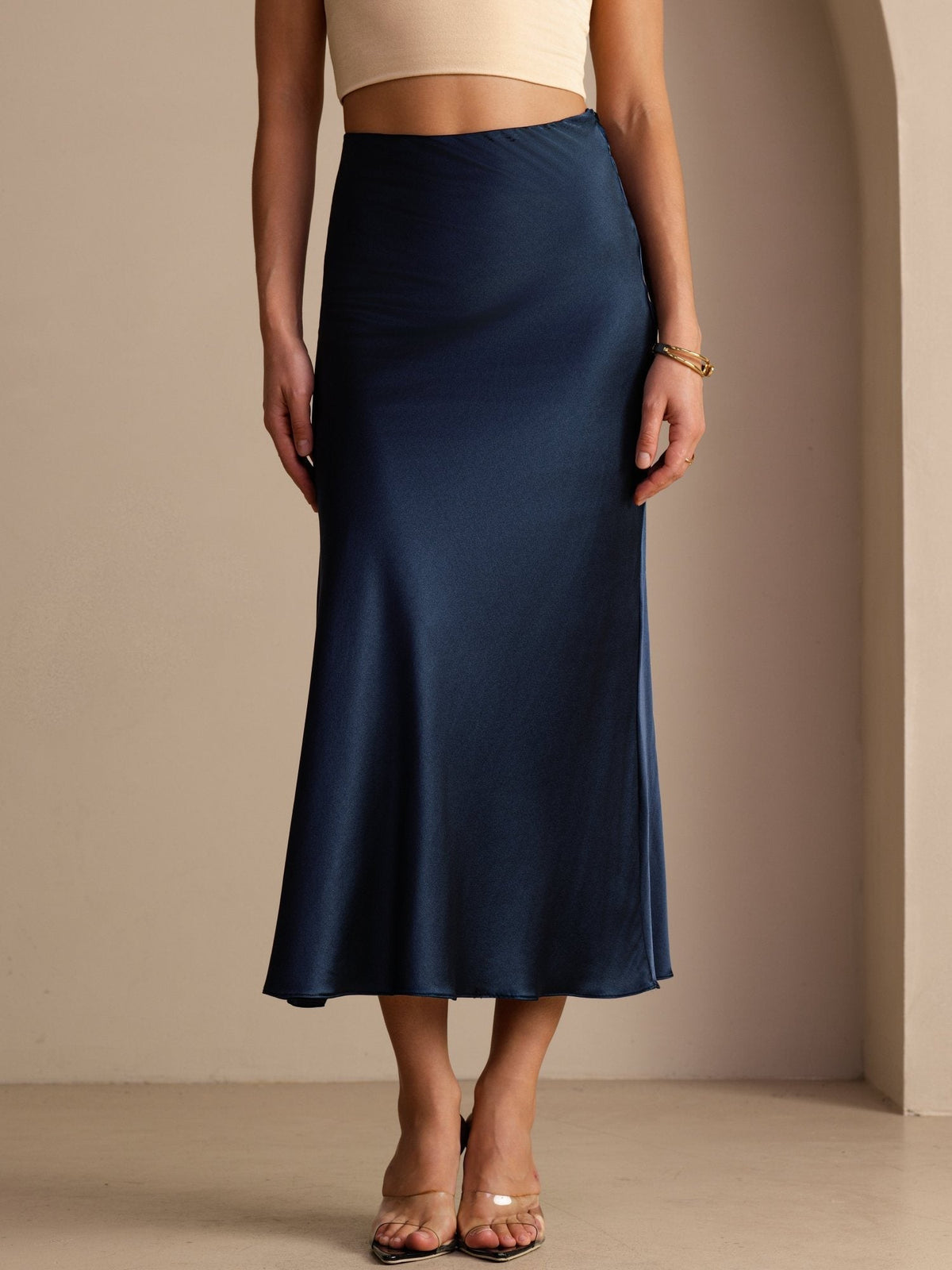 Polina High Waist Satin Maxi Skirt - Navy