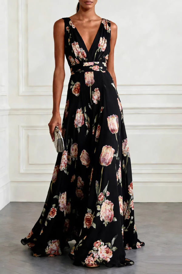 Quinley V-Neck Floral Maxi Dress - Black Floral