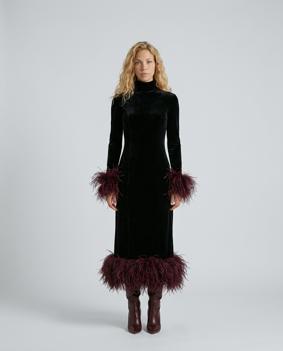 Rhona Feather Trim Velvet Midi Dress - Black and Burgundy