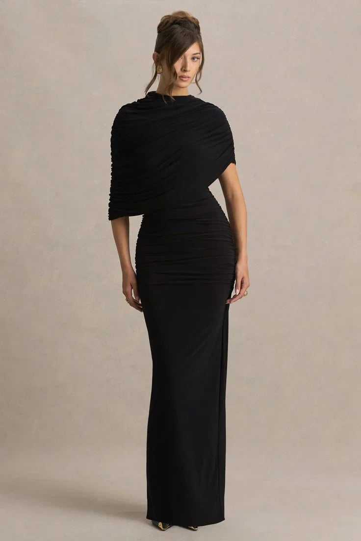 Santina Draped Cape Sleeve Maxi Dress - Black