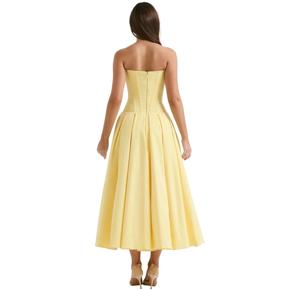 Yellow strapless corset midi dress with structured bodice and full skirt, rear angle
