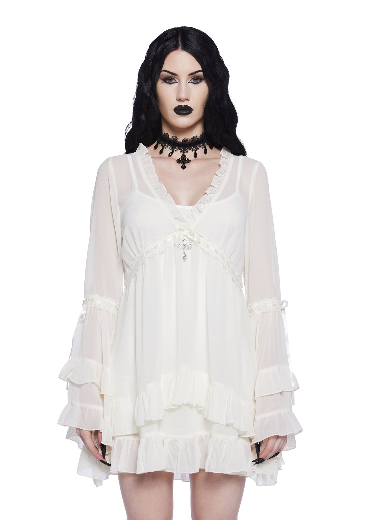 Shanti Sheer Ruffle Bell Sleeve Mini Dress - White