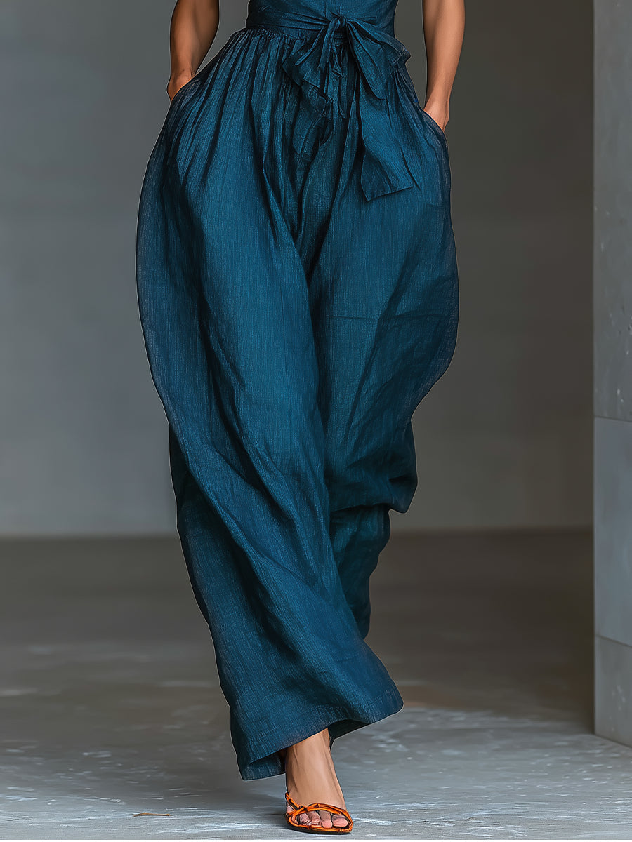 Stina Halter Linen Wide Leg Jumpsuit - Teal Blue