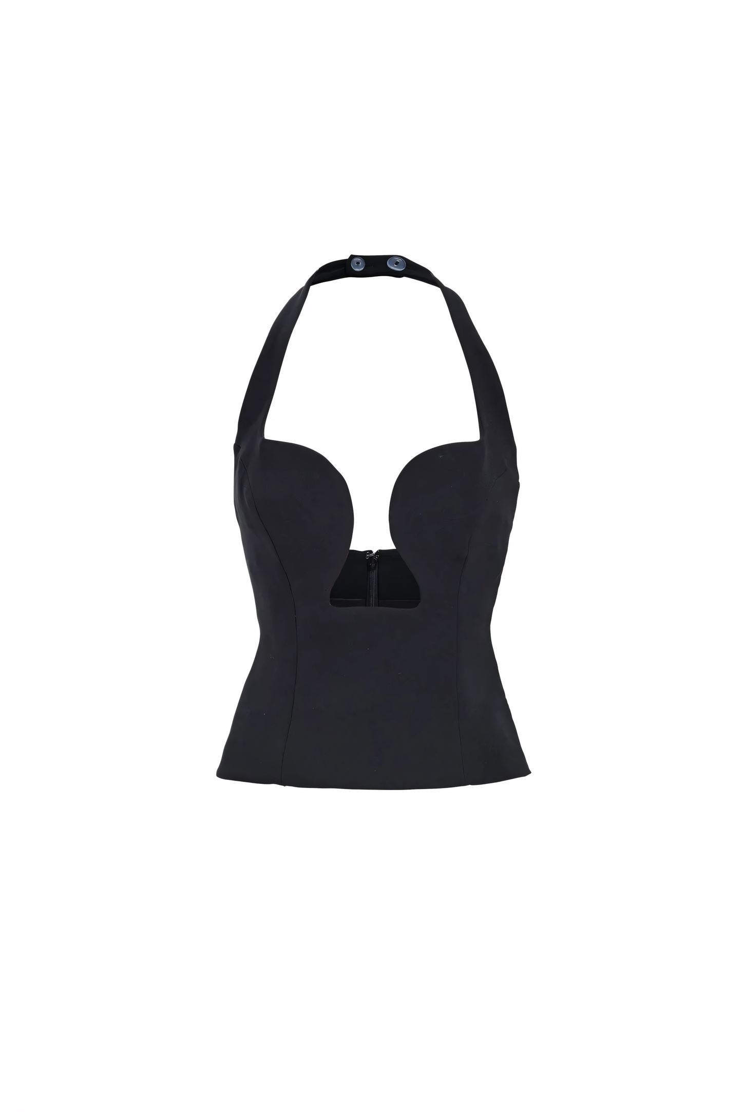 Black structured bustier top with molded cups, halter straps, and snap neck closure flat lay