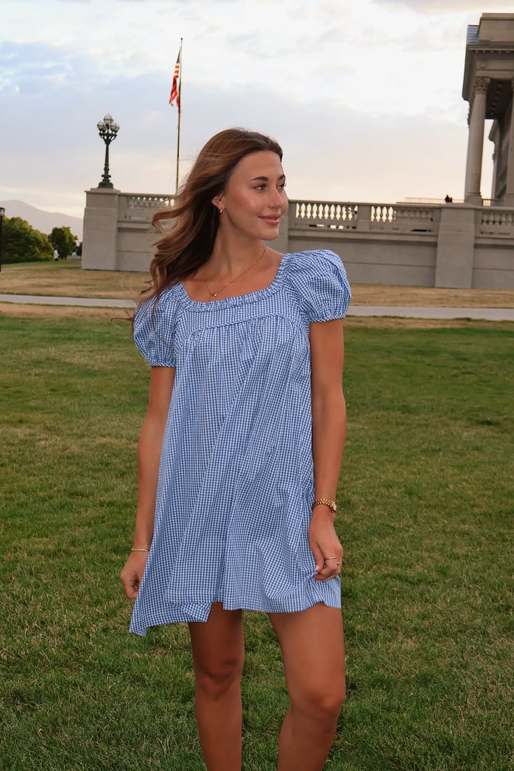 Twyla Gingham Puff Sleeve Mini Dress - Blue Gingham