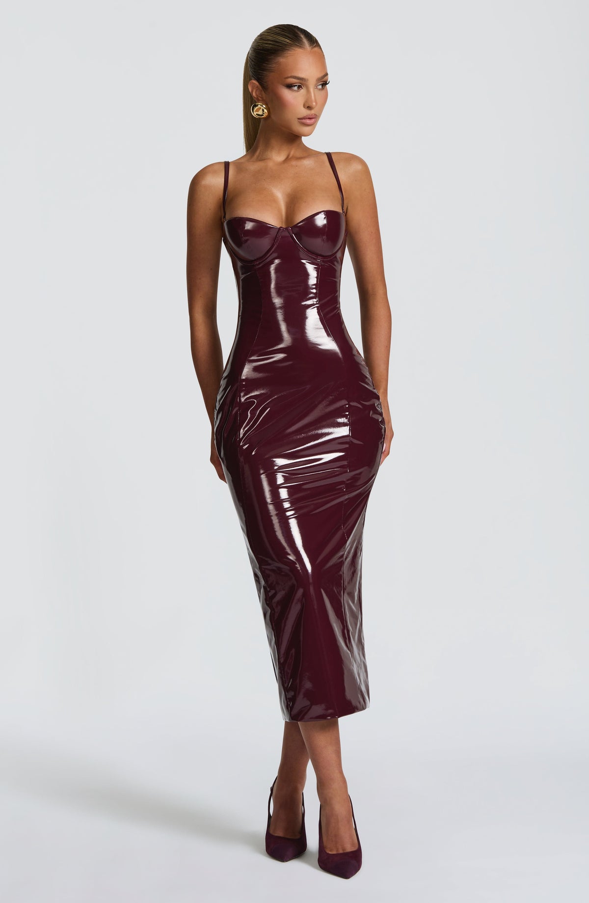 Valda High Shine Bustier Midi Dress - Burgundy