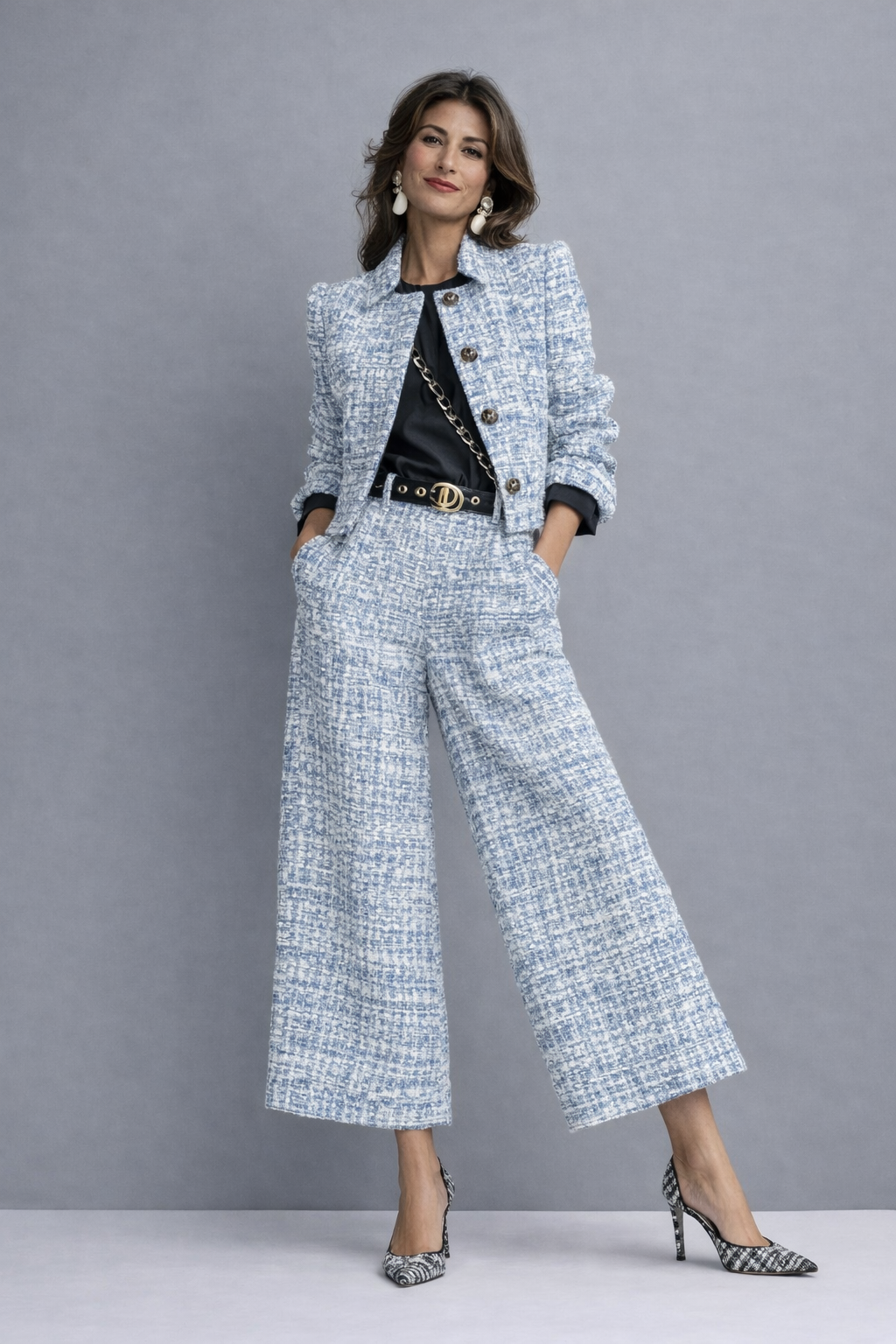 Varinia Cropped Jacket Wide Leg Pants Set - Light Blue