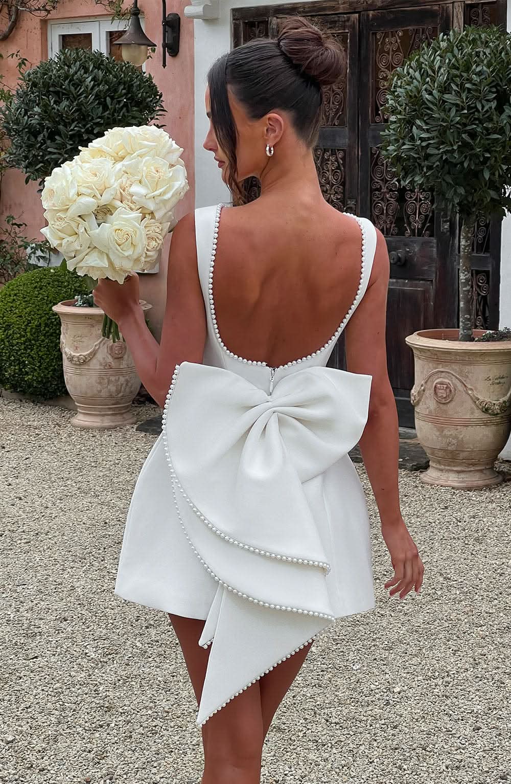dress with open back and bow Women's Pearl Trim Backless Bow Mini Dress – Amari The Label
