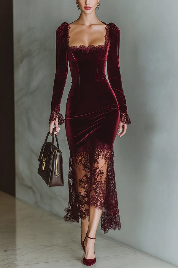 Vilma Velvet Lace Square Neck Maxi Dress - Burgundy