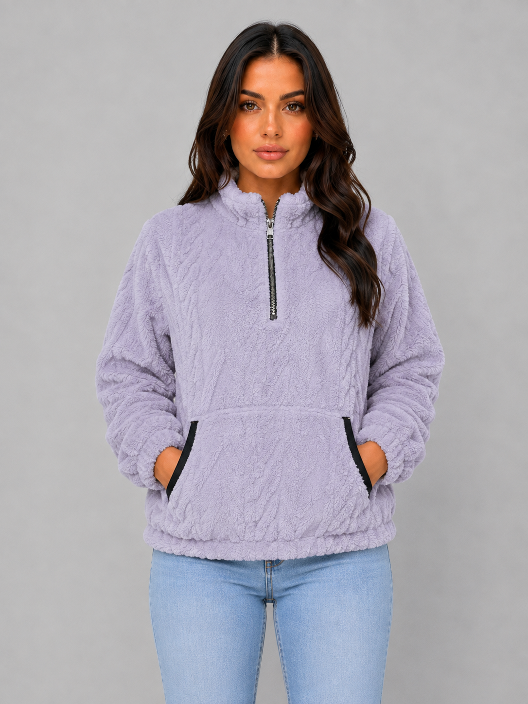 Vivica High Neck Plush Half-Zip Pullover - Lilac