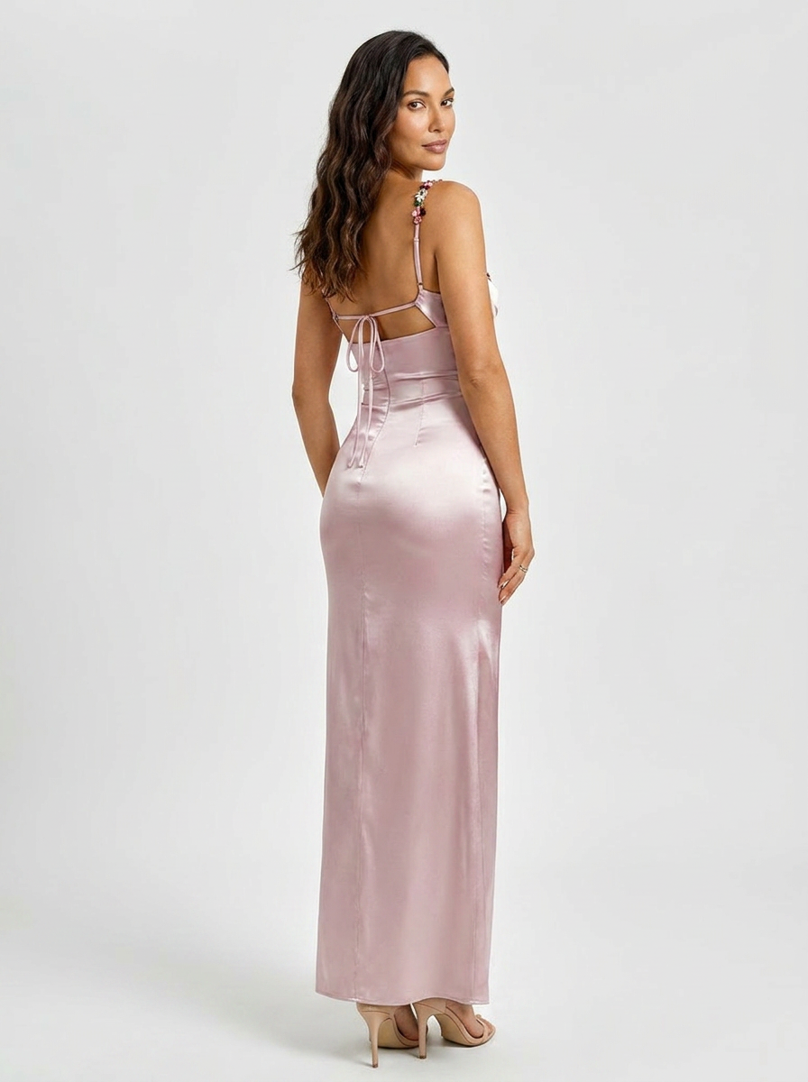 Zahra Satin Floral Trim Gown - Blush Pink