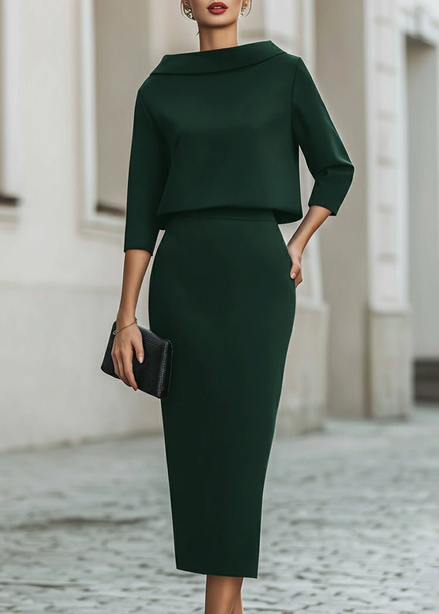Eowyn Boat Neck Midi Skirt Set - Dark Green