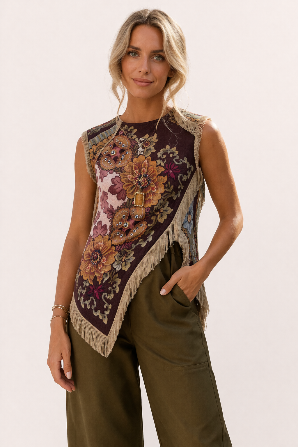 Frieda Fringe Top - Burgundy Floral