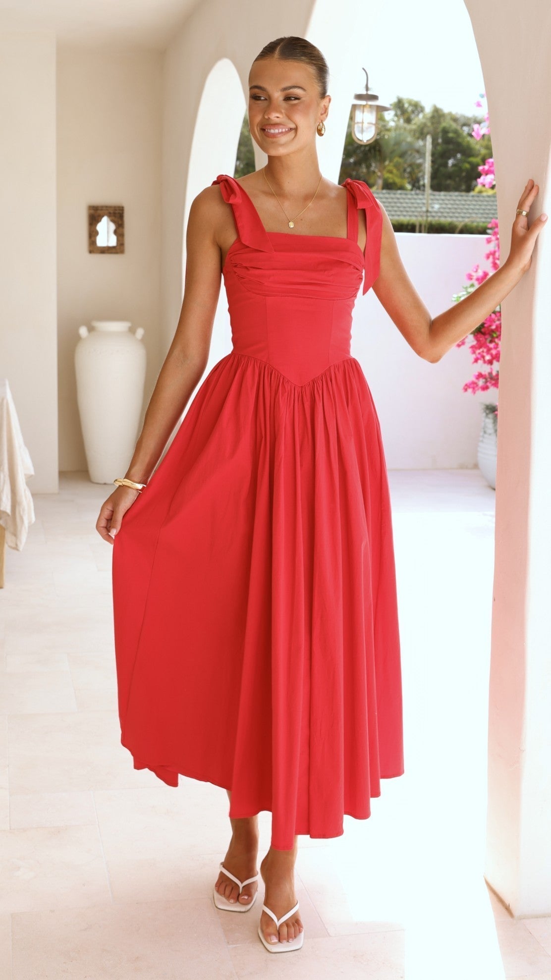Haisley Tie Strap Midi Dress - Red