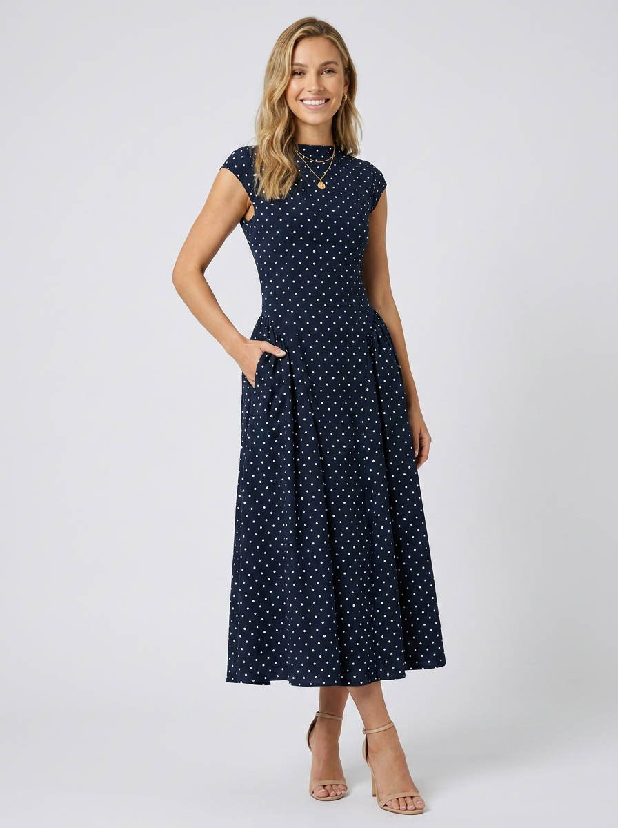 Xenia Elegant Midi Dress - Navy Polka Dot