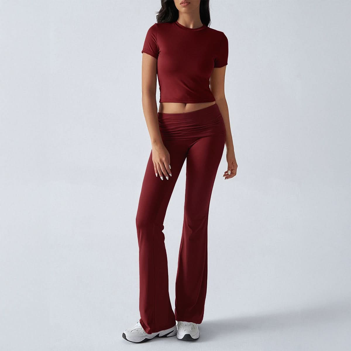 Burgundy short-sleeve crop tee and ruched flare pants set