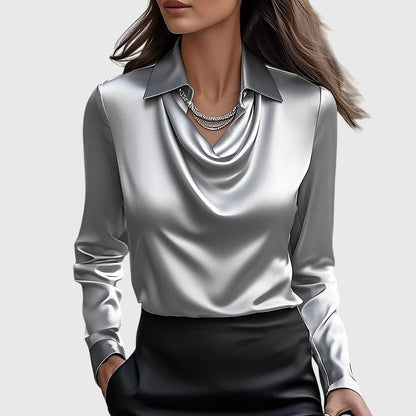 Women's Workwear Cowl Neck Long Sleeve Satin Blouse