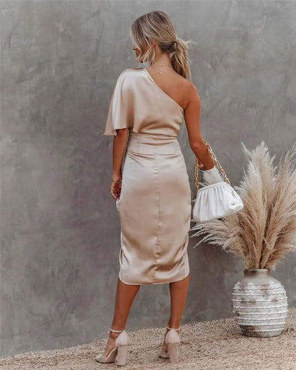 Women's Cocktail One Shoulder Draped Midi Dress With Slit