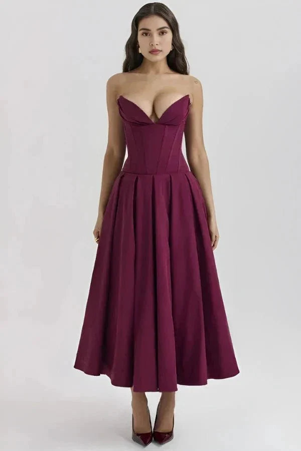 Women's Wedding Guest Strapless Sweetheart Midi Dress