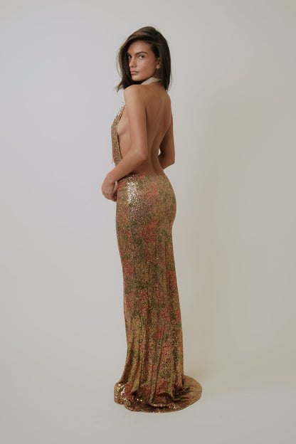 Uma Sequin Halter Maxi Dress - Floral