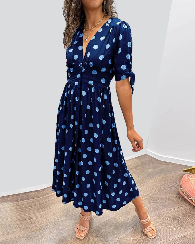 Women's Cocktail Polka Dot V Neck Midi Dress
