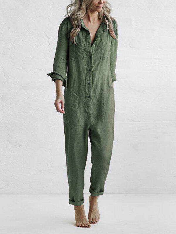 Women's Casual Long Sleeve Button Front Jumpsuit